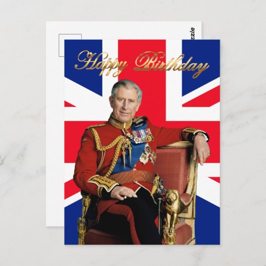 Carte Postale Roi Charles III avec drapeau britannique Joyeux an (Devant / Derrière)