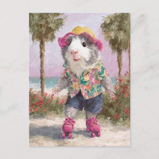 Carte Postale Rollerskating Guinea Pig à la plage (Devant)