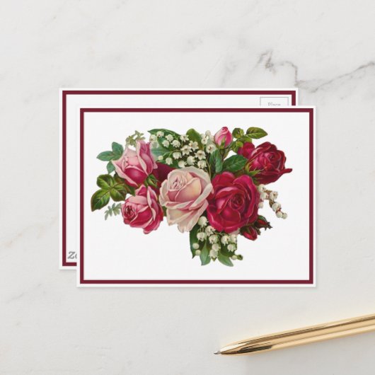 Carte Postale Romance Classique aux Roses Victoriennes et Muguet (Devant/Arrière en situation)