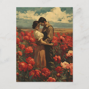 Carte Postale Romance vintage : Couple dans le champ de pivoine 