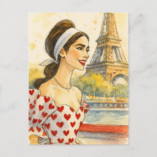 Carte Postale Romantic Love Paris Man Woman Watercolor Postcard (Devant)
