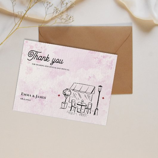 Carte Postale Romantic Pink Café Illustration Wedding Thank You