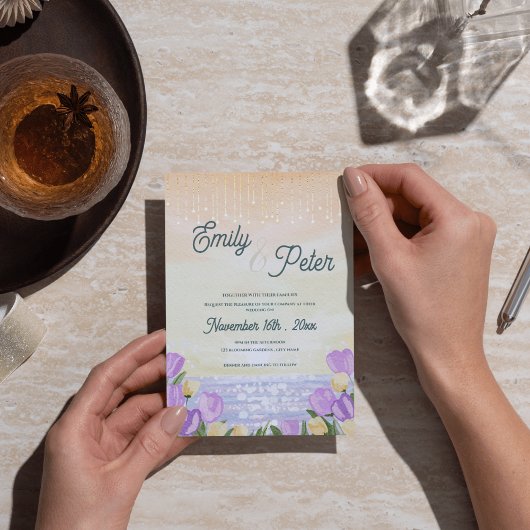 Carte Postale Romantic Purple Floral Beach Sunset Wedding Invite