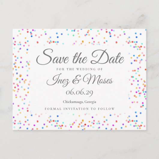 Carte Postale Romantique Rainbow Confetti Enregistrer la date (Devant)