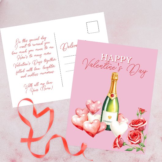 Carte Postale Romantique Saint Valentin Champagne Roses & Coeurs