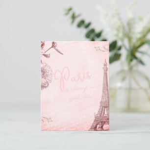 Carte Postale Romantique Vintage Paris Rose Pâle Script