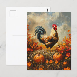 Carte Postale Rooster d'automne avec Citrouille