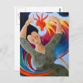 Carte Postale Rooster et dame colorée. (Devant / Derrière)