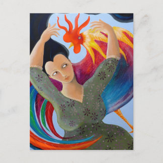 Carte Postale Rooster et dame colorée.