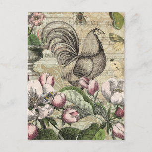 Carte Postale Rooster Garden Flower Papillon Art