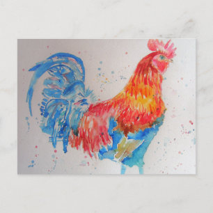 Carte Postale Rooster rouge aquarelle peinture art poulet