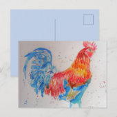 Carte Postale Rooster rouge aquarelle peinture art poulet (Devant / Derrière)