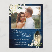 Carte Postale Rose blanche Bleu Bois photo mariage Enregistrer l (Devant)