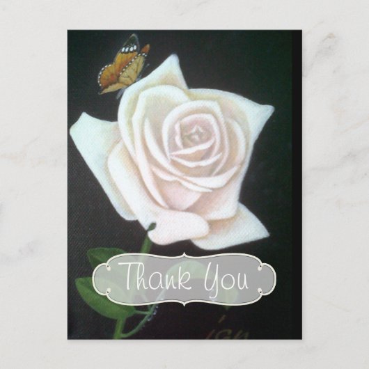 Carte Postale Rose Blanche et Papillon Merci (Devant)