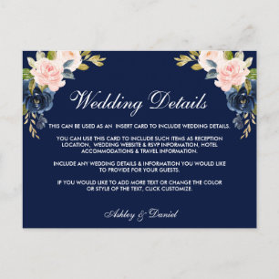 Carte Postale Rose Blush Blue Floral Détails du Mariage Insérer