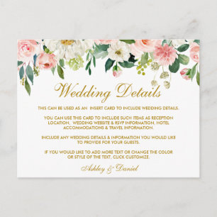 Carte Postale Rose Blush Floral Gold Détails du Mariage Insérer 