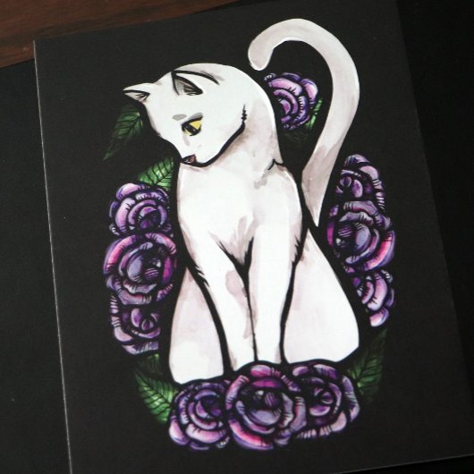 Carte Postale Rose de chat blanc rose violet