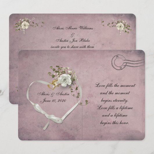 carte postale rose de coeur blanc et ruban (Devant / Derrière)