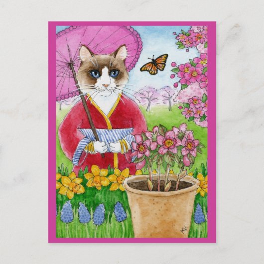 Carte postale rose du jardin du chat mignon (Devant)