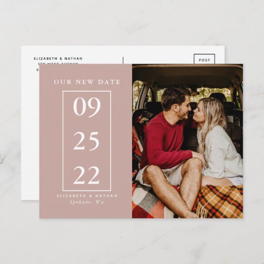 Carte Postale Rose Dusty Changer Date Photo Mariage Postponction (Devant / Derrière)