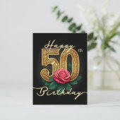 Carte Postale Rose Élégante Fleur et Luxe Doré 50e Anniversaire (Debout devant)