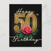 Carte Postale Rose Élégante Fleur et Luxe Doré 50e Anniversaire (Devant)