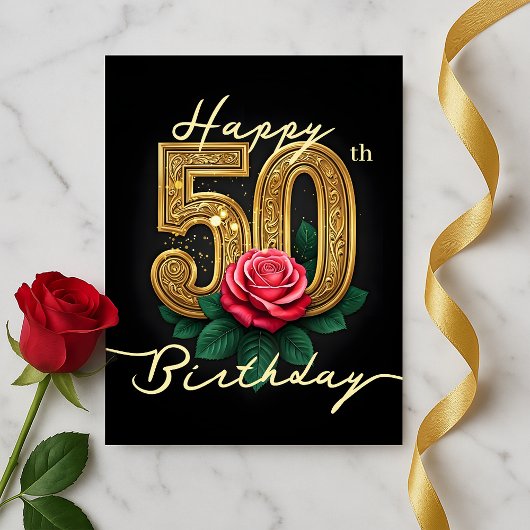 Carte Postale Rose Élégante Fleur et Luxe Doré 50e Anniversaire