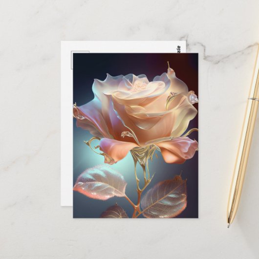 Carte Postale Rose en verre translucide - Pêche (Devant/Arrière en situation)