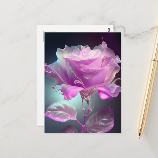 Carte Postale Rose en verre translucide - rose (Devant/Arrière en situation)