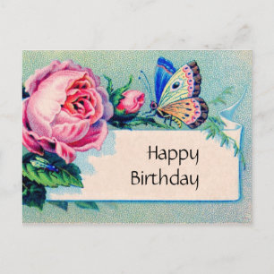 Carte Postale Rose et papillon : Joyeux anniversaire