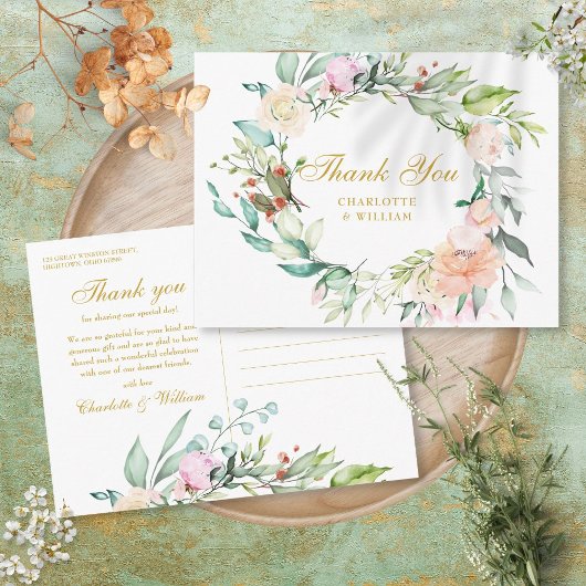 Carte Postale Rose Floral Garland Gold Script Merci