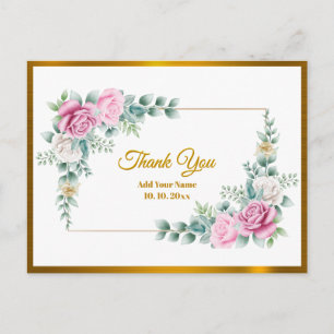 Carte Postale Rose Florale Rose Élégante avec Cadre Doré Merci