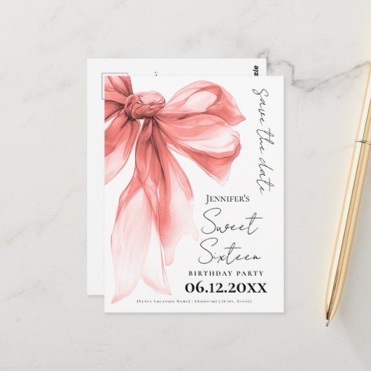Carte Postale Rose Gold Bow Coquette Sweet 16 Save the Date  (Devant/Arrière en situation)
