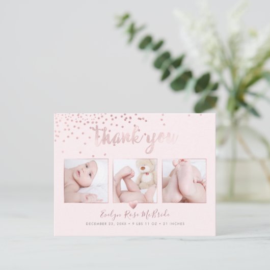 Carte Postale Rose Gold Confetti Chic Brush Script Merci (Debout devant)