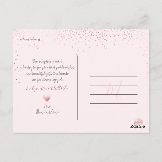 Carte Postale Rose Gold Confetti Chic Brush Script Merci (Dos)