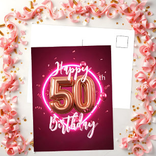 Carte Postale Rose Gold et Néon Rose Vibrant Chic 50e Anniversai
