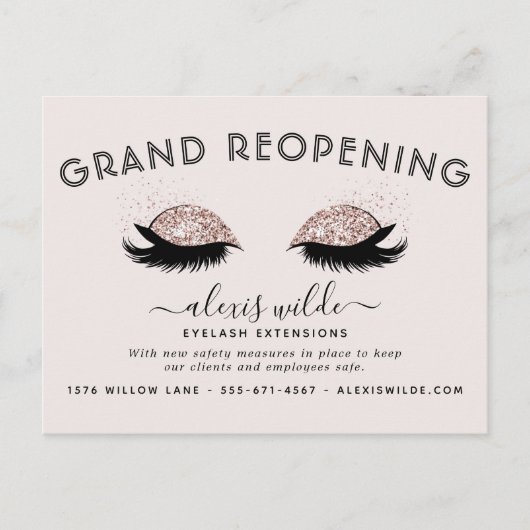 Carte Postale Rose Gold Eyelashes Salon Grand Réouverture Covid (Devant)