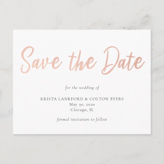 Carte Postale Rose Gold Faux Foil Enregistrer la date (Devant)
