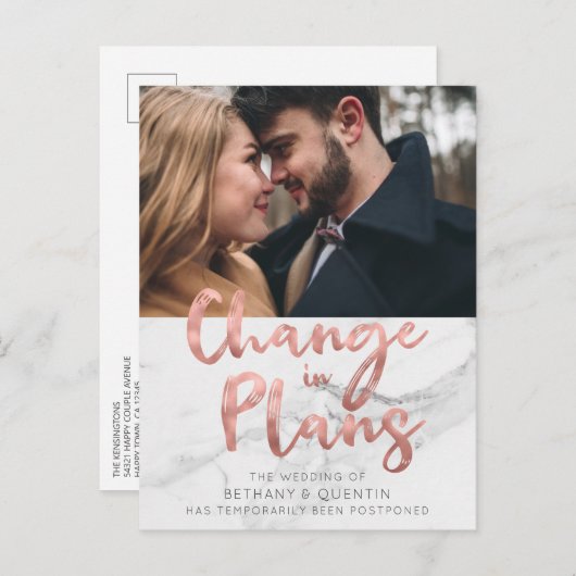 Carte Postale Rose Gold Foil Script Marbre Mariage Postponction (Devant / Derrière)