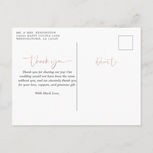 Carte Postale Rose Gold Foil Script Photo Mariage Merci (Dos)