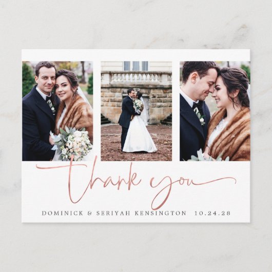 Carte Postale Rose Gold Foil Script Photo Mariage Merci (Devant)