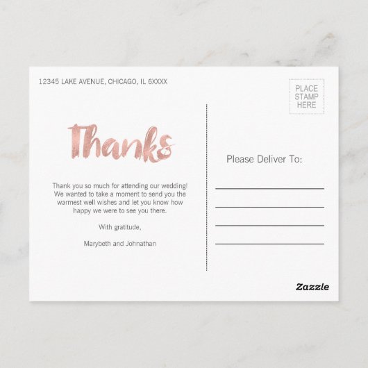 Carte postale Rose Gold Mariage Merci (Dos)