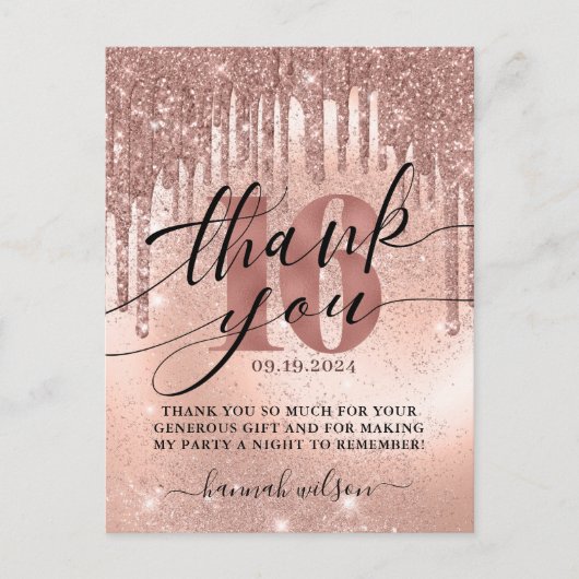 Carte postale Rose Gold Merci 16e anniversaire (Devant)