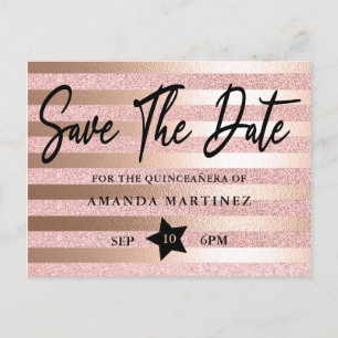Carte Postale Rose Gold Pailleté & Feuille Quinceañera Save The 