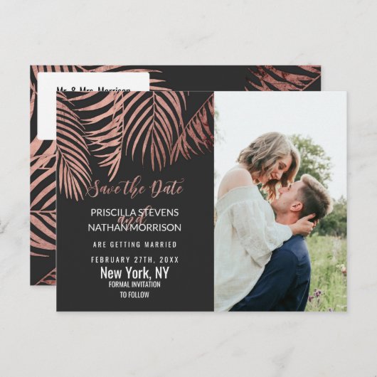 Carte Postale Rose Gold Palm Tree Frances Black Modern Date de s (Devant / Derrière)