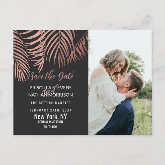 Carte Postale Rose Gold Palm Tree Frances Black Modern Date de s (Devant)