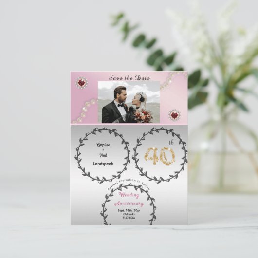 Carte Postale Rose Gold Ruby 40e anniversaire Enregistrer la dat (Debout devant)