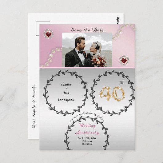 Carte Postale Rose Gold Ruby 40e anniversaire Enregistrer la dat (Devant / Derrière)