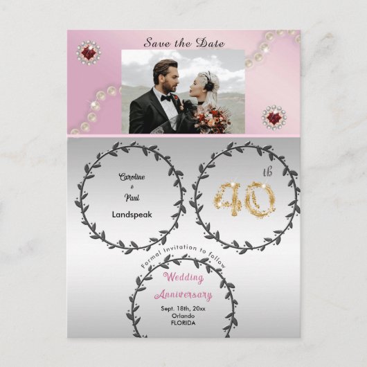 Carte Postale Rose Gold Ruby 40e anniversaire Enregistrer la dat (Devant)