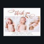 Carte Postale Rose Gold Script Baby Girl Photo Collage Merci<br><div class="desc">Calligraphie moderne élégante Rose Gold Script 3 Photo Collage Nouveau-né Baby Girl Merci Faire-part de naissance Carte postale. Dispose d'un beau texte "merci" dans une calligraphie manuscrite swash tail script de police en or rose rousse FAUX feuille d'or FAUX sur blanc. Le message personnel préfabriqué et les statistiques sur la...</div>